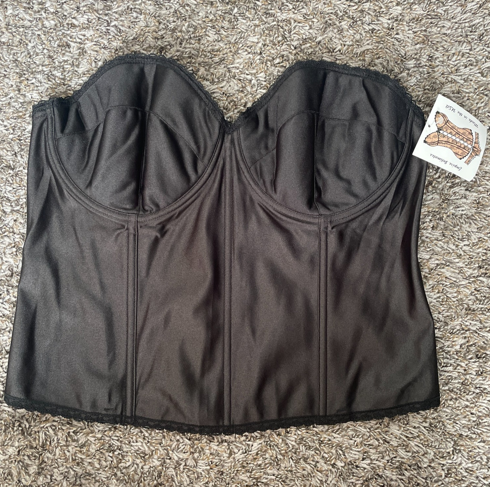 Vintage Corset Bustier Plus Size 44DD Black Satin Lace Trim Lingerie Boudoir Bra